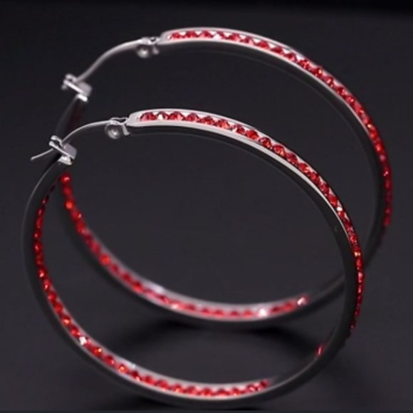 Bright Red Rhinestone Silver Hoop Earrings Big Sparkle Crystal Channel Hoops New - Picture 8 of 12